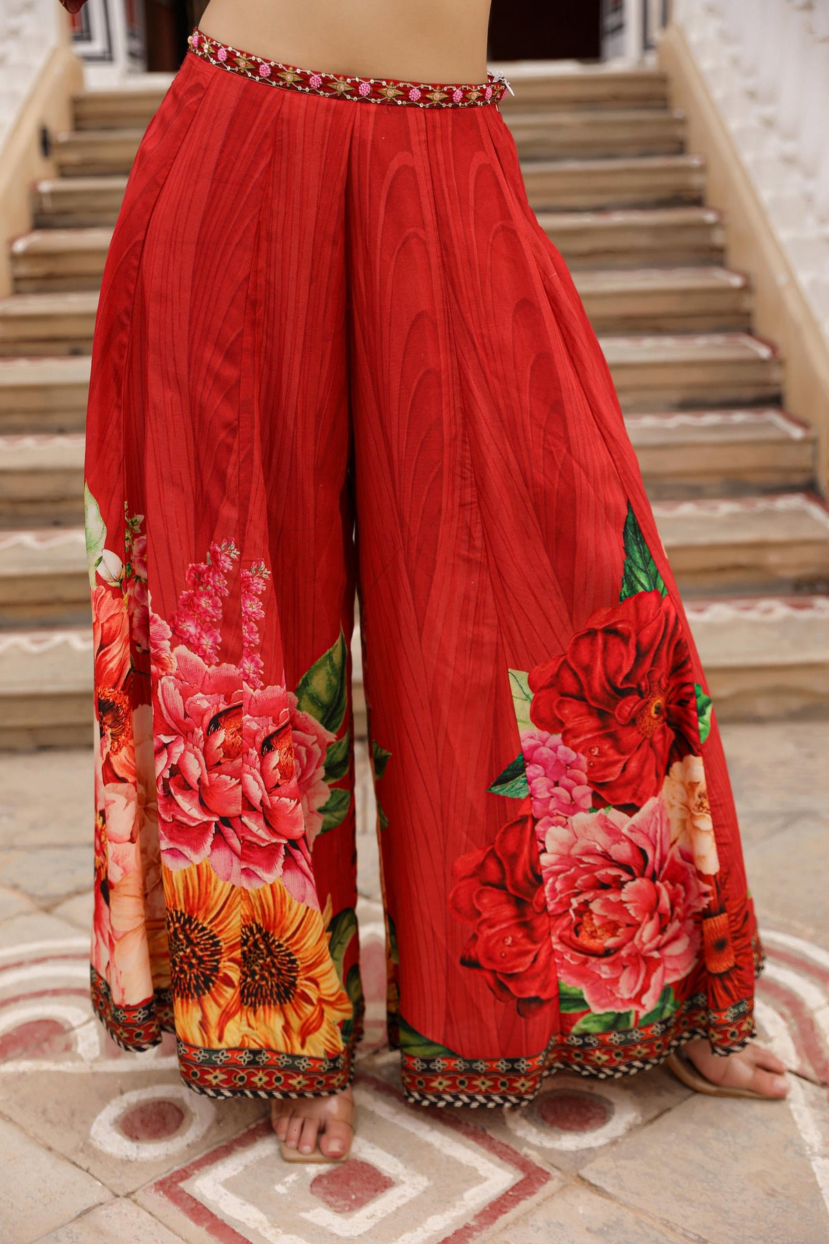 Juniper The Adah Rust Floral Printed Viscose Top & Skirt Set With Sequins & Thread Work - Distacart