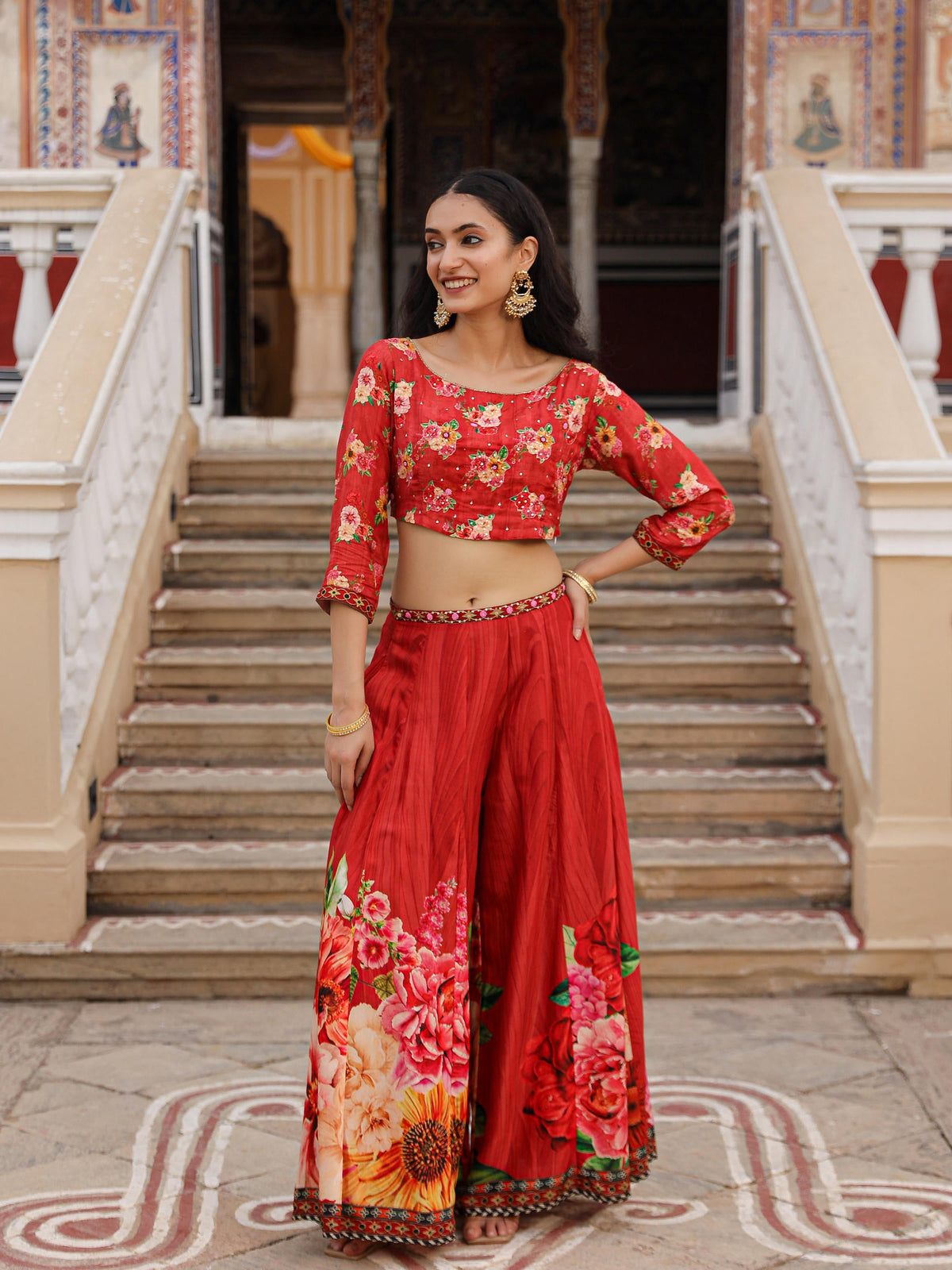 Juniper The Adah Rust Floral Printed Viscose Top & Skirt Set With Sequins & Thread Work - Distacart