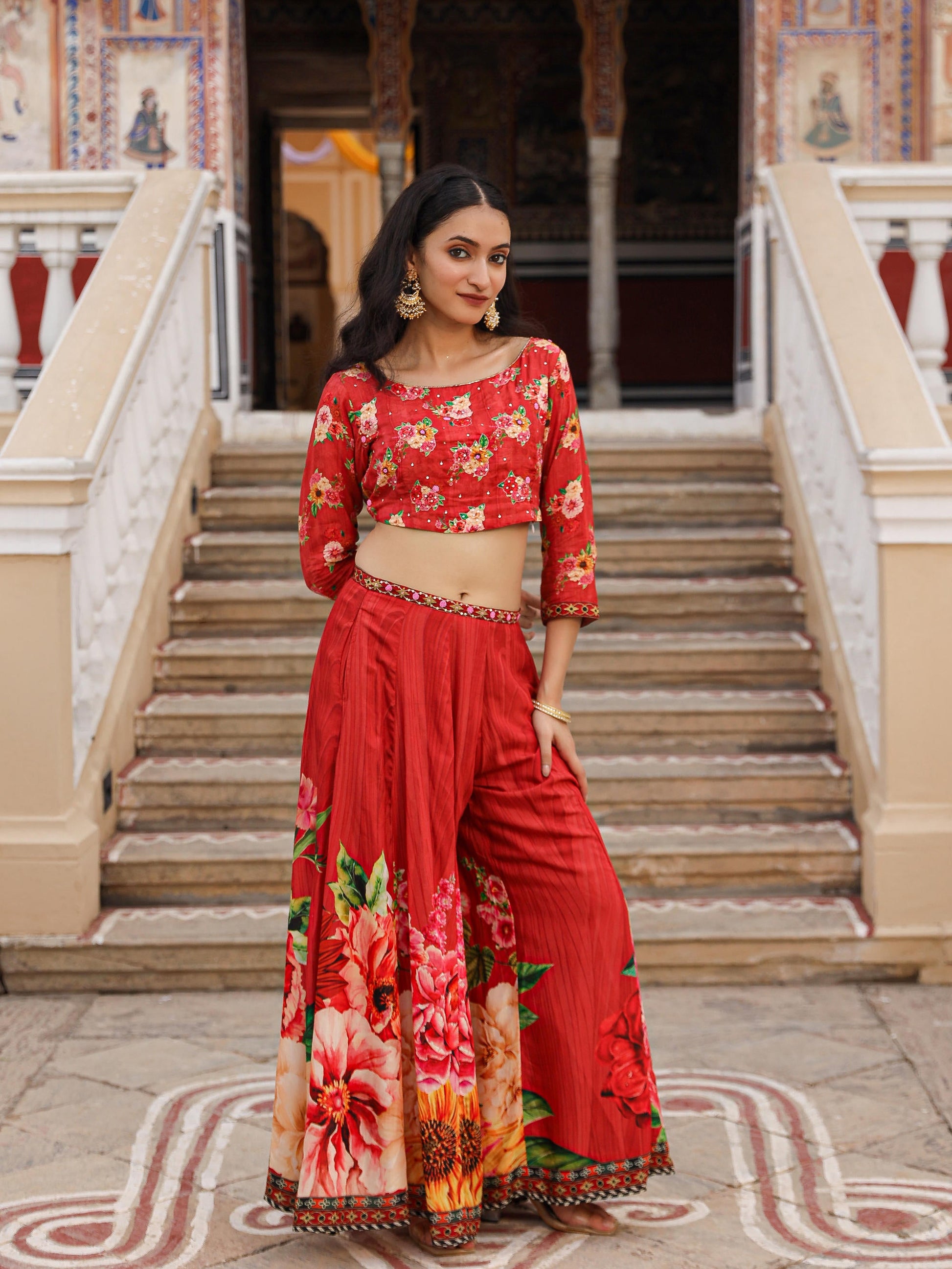 Juniper The Adah Rust Floral Printed Viscose Top & Skirt Set With Sequins & Thread Work - Distacart