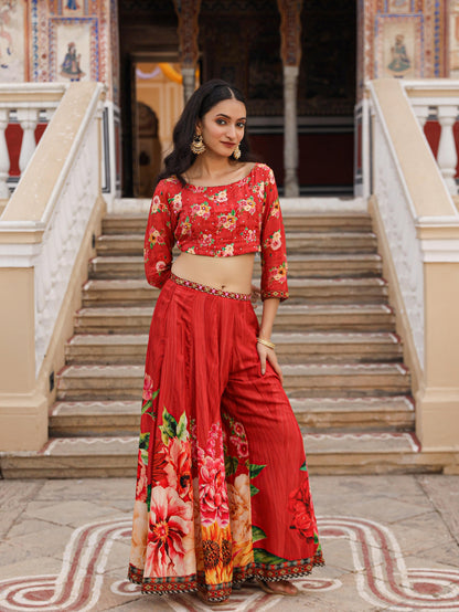 Juniper The Adah Rust Floral Printed Viscose Top & Skirt Set With Sequins & Thread Work - Distacart
