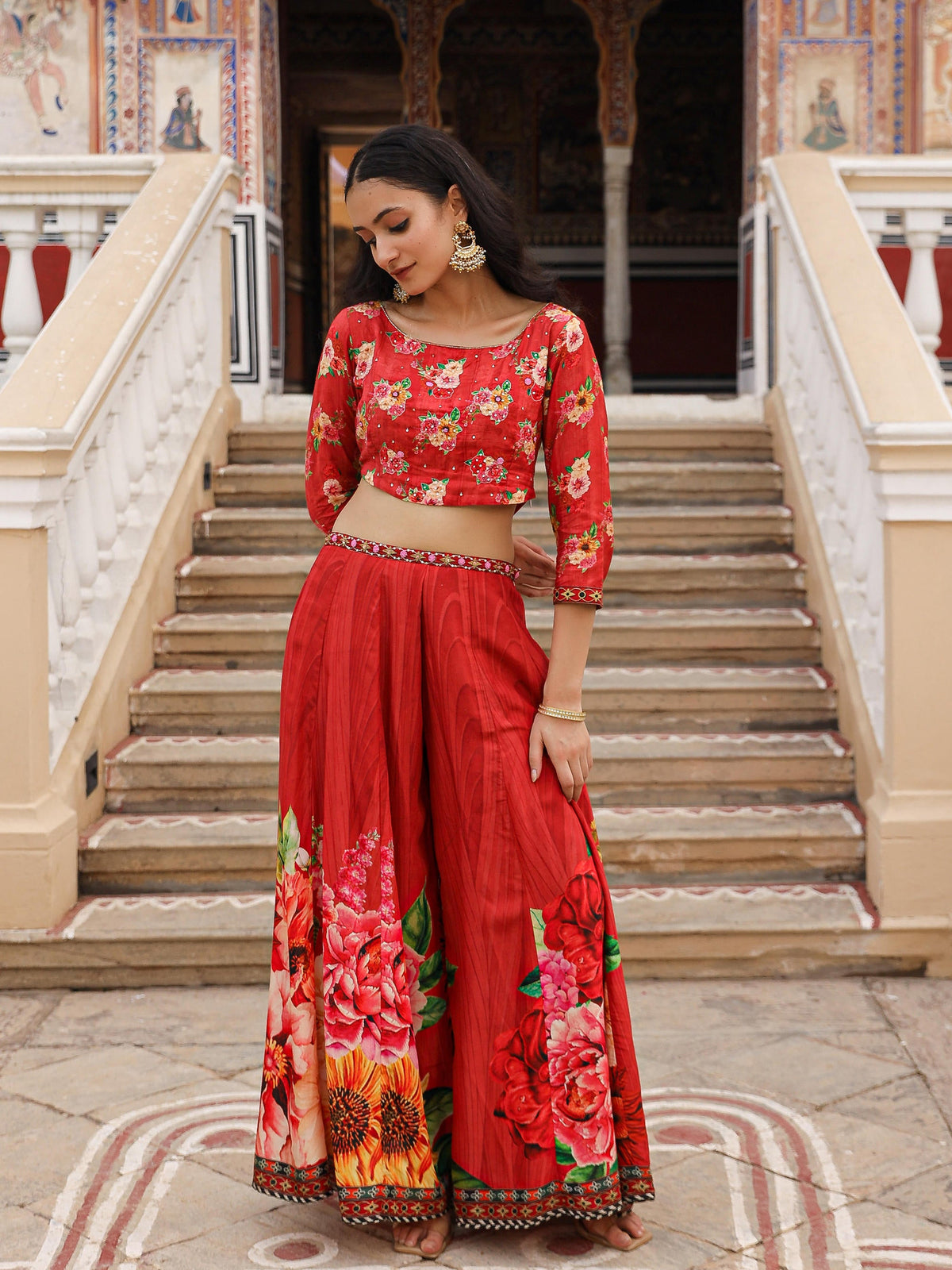 Juniper The Adah Rust Floral Printed Viscose Top & Skirt Set With Sequins & Thread Work - Distacart