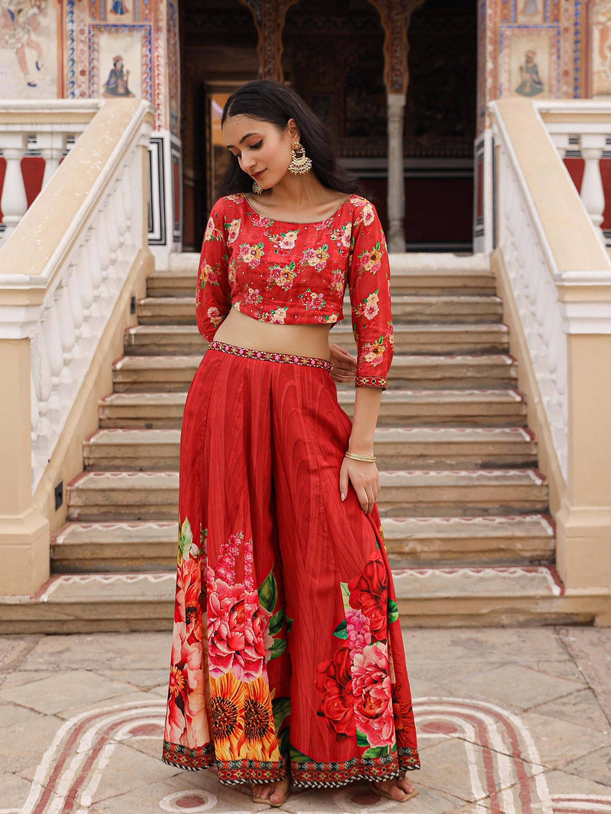 Juniper The Adah Rust Floral Printed Viscose Top & Skirt Set With Sequins & Thread Work - Distacart