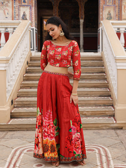 Juniper The Adah Rust Floral Printed Viscose Top & Skirt Set With Sequins & Thread Work - Distacart