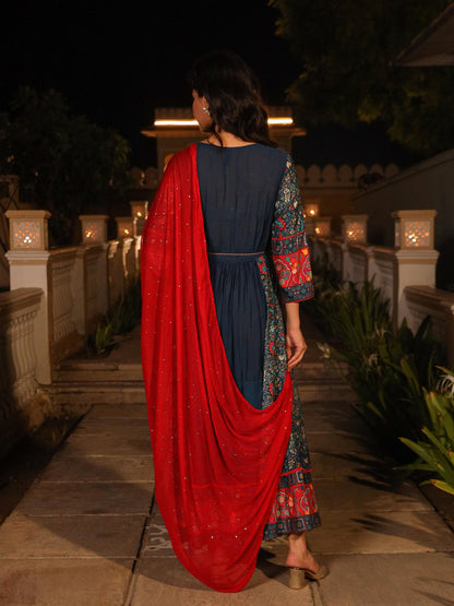 Juniper Women's Blue Viscose Rayon Printed Kurta Set - Distacart