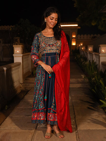 Juniper Women's Blue Viscose Rayon Printed Kurta Set - Distacart