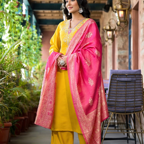 Juniper Women's Mustard Zari Embroidered Viscose Kurta Pant And Dupatta Set With Mirror Work - Distacart