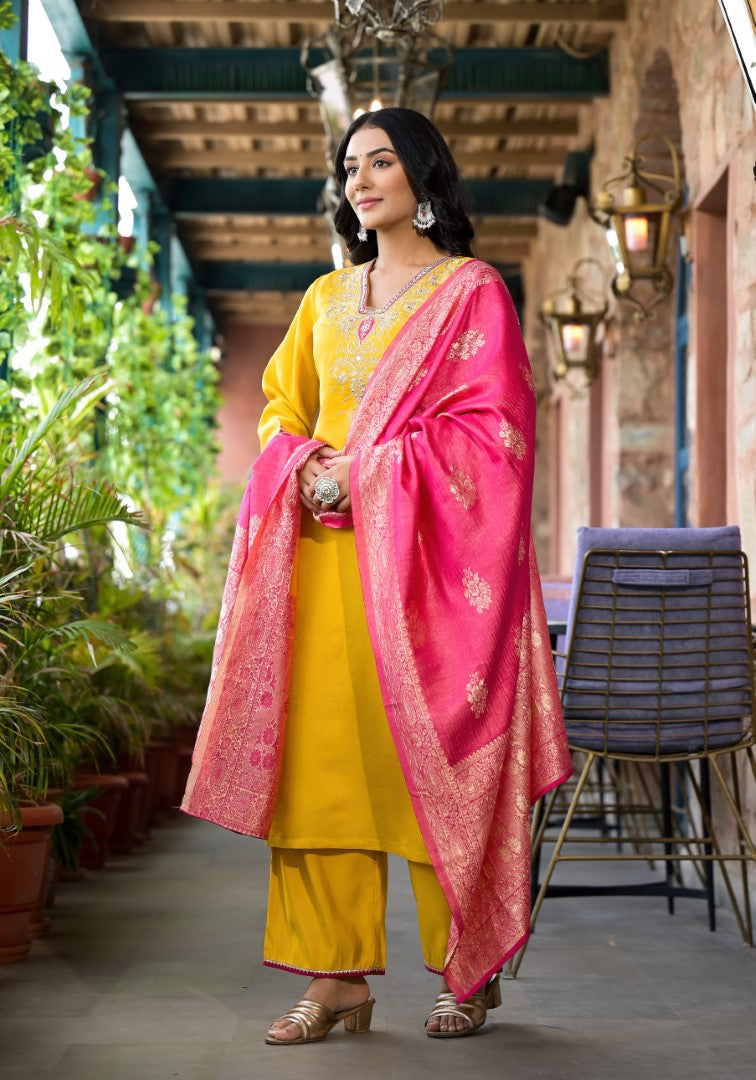 Juniper Women's Mustard Zari Embroidered Viscose Kurta Pant And Dupatta Set With Mirror Work - Distacart