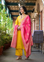 Thumbnail for Juniper Women's Mustard Zari Embroidered Viscose Kurta Pant And Dupatta Set With Mirror Work - Distacart