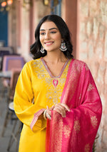Thumbnail for Juniper Women's Mustard Zari Embroidered Viscose Kurta Pant And Dupatta Set With Mirror Work - Distacart
