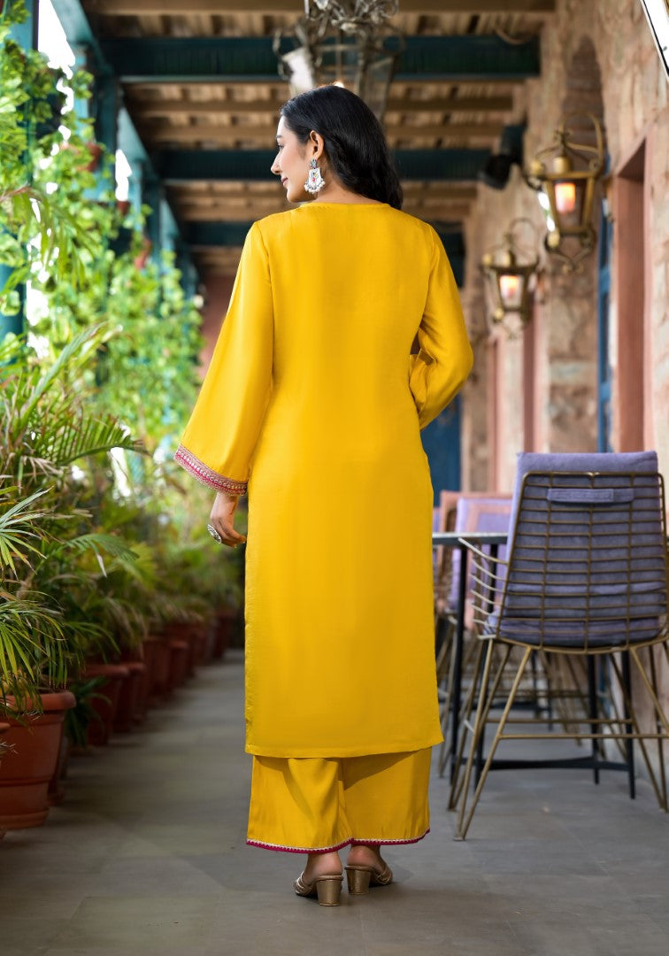 Juniper Women's Mustard Zari Embroidered Viscose Kurta Pant And Dupatta Set With Mirror Work - Distacart