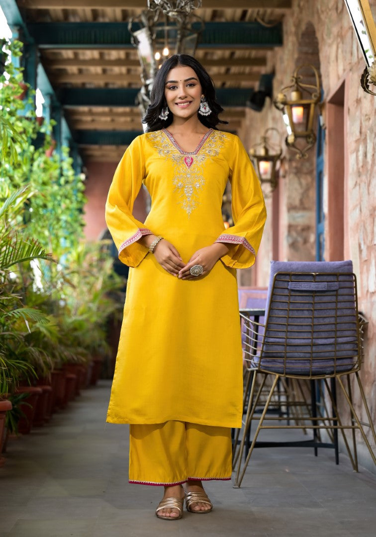 Juniper Women's Mustard Zari Embroidered Viscose Kurta Pant And Dupatta Set With Mirror Work - Distacart