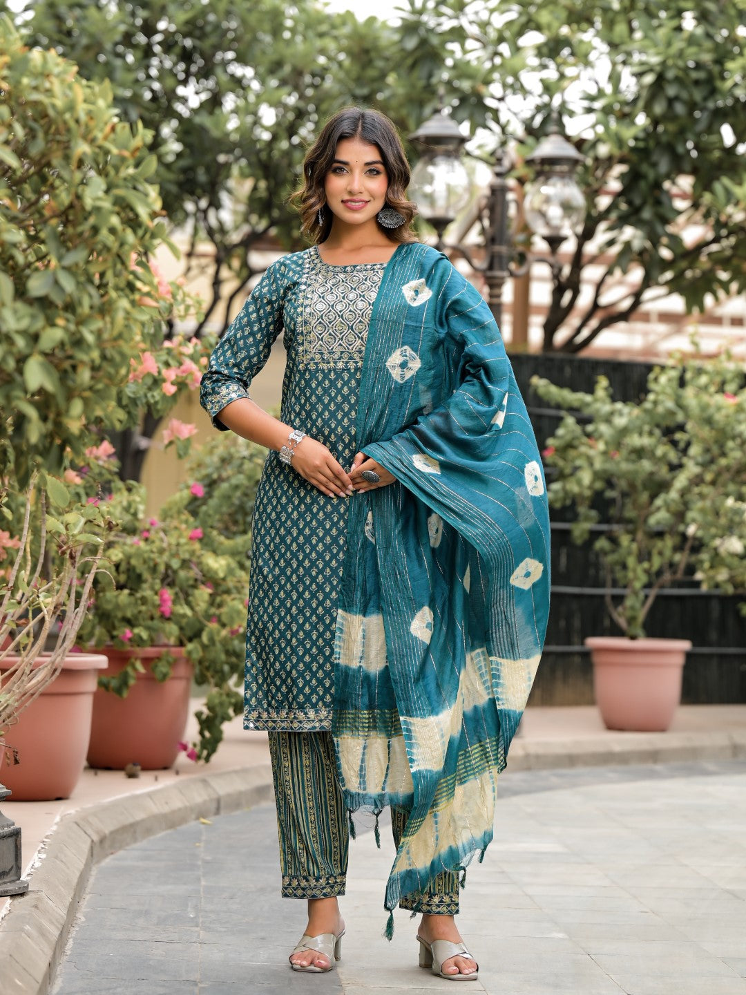 Juniper Women's Green Ethnic Motif Printed Cotton Kurta, Pant And Dupatta Set With Zari Work & Sequins - Distacart