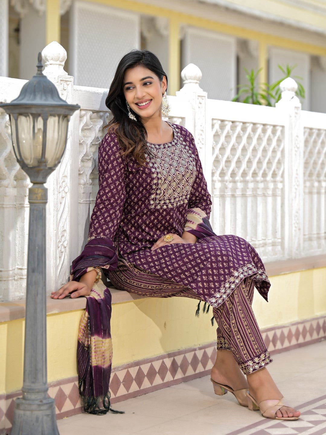 Juniper Women's Wine Ethnic Motif Printed Cotton Kurta, Pant And Dupatta Set With Zari Work & Sequins - Distacart