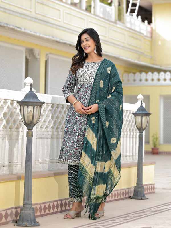 Juniper Women's Teal Ethnic Motif Printed Cotton Kurta, Pant And Dupatta Set With Zari Work & Sequins - Distacart