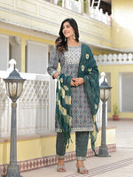 Thumbnail for Juniper Women's Teal Ethnic Motif Printed Cotton Kurta, Pant And Dupatta Set With Zari Work & Sequins - Distacart