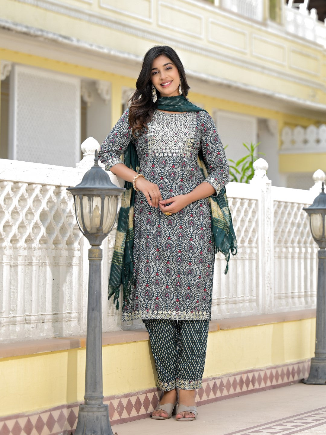 Juniper Women's Teal Ethnic Motif Printed Cotton Kurta, Pant And Dupatta Set With Zari Work & Sequins - Distacart