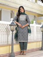 Thumbnail for Juniper Women's Teal Ethnic Motif Printed Cotton Kurta, Pant And Dupatta Set With Zari Work & Sequins - Distacart