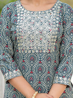 Thumbnail for Juniper Women's Teal Ethnic Motif Printed Cotton Kurta, Pant And Dupatta Set With Zari Work & Sequins - Distacart