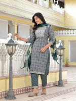 Thumbnail for Juniper Women's Teal Ethnic Motif Printed Cotton Kurta, Pant And Dupatta Set With Zari Work & Sequins - Distacart