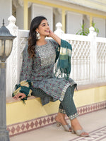 Thumbnail for Juniper Women's Teal Ethnic Motif Printed Cotton Kurta, Pant And Dupatta Set With Zari Work & Sequins - Distacart