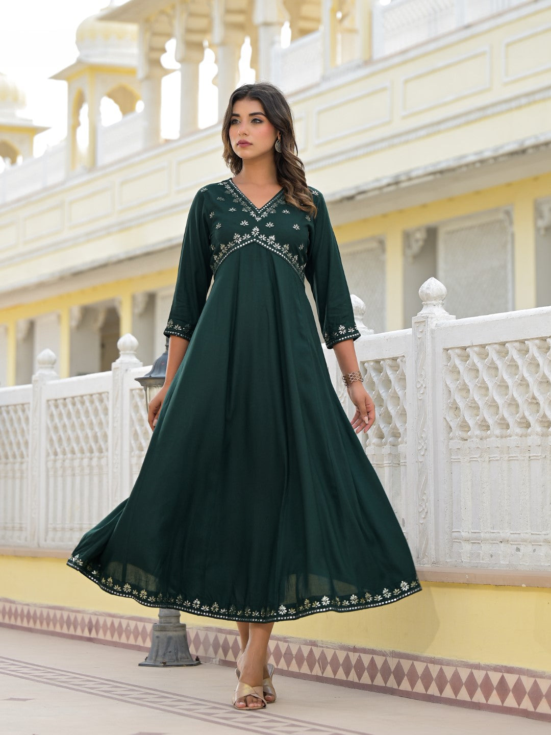 Juniper Women's Bottle Green Mirror Embroidered Liva Rayon Dress With Sequins - Distacart