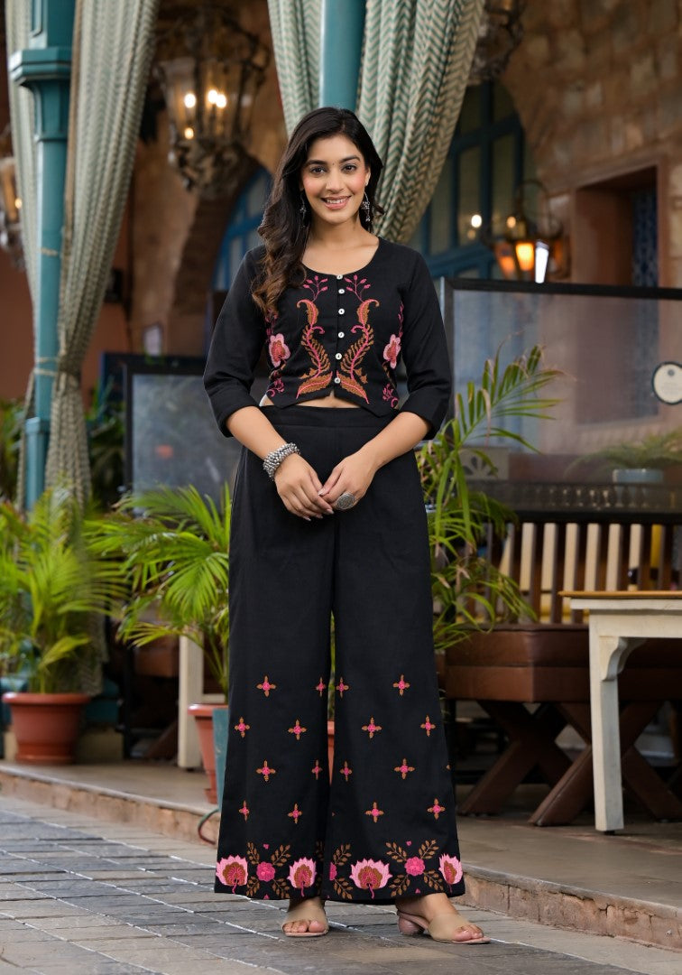 Juniper Women's Black Thread Embroidered Cotton Top & Palazzo Set With Button Detail - Distacart