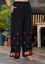 Thumbnail for Juniper Women's Black Thread Embroidered Cotton Top & Palazzo Set With Button Detail