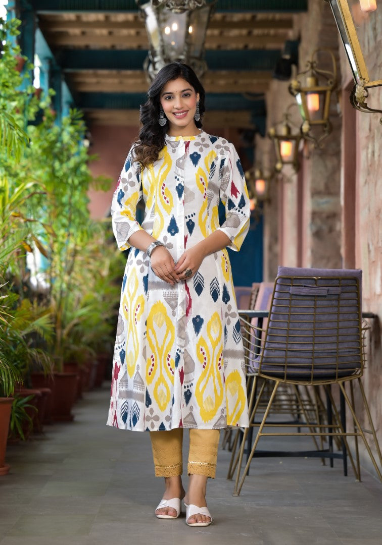 Juniper Women's Yellow Ikat Printed Liva Rayon Kurta With Button Closure - Distacart