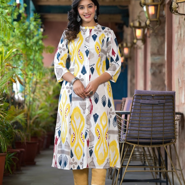 Juniper Women's Yellow Ikat Printed Liva Rayon Kurta With Button Closure - Distacart