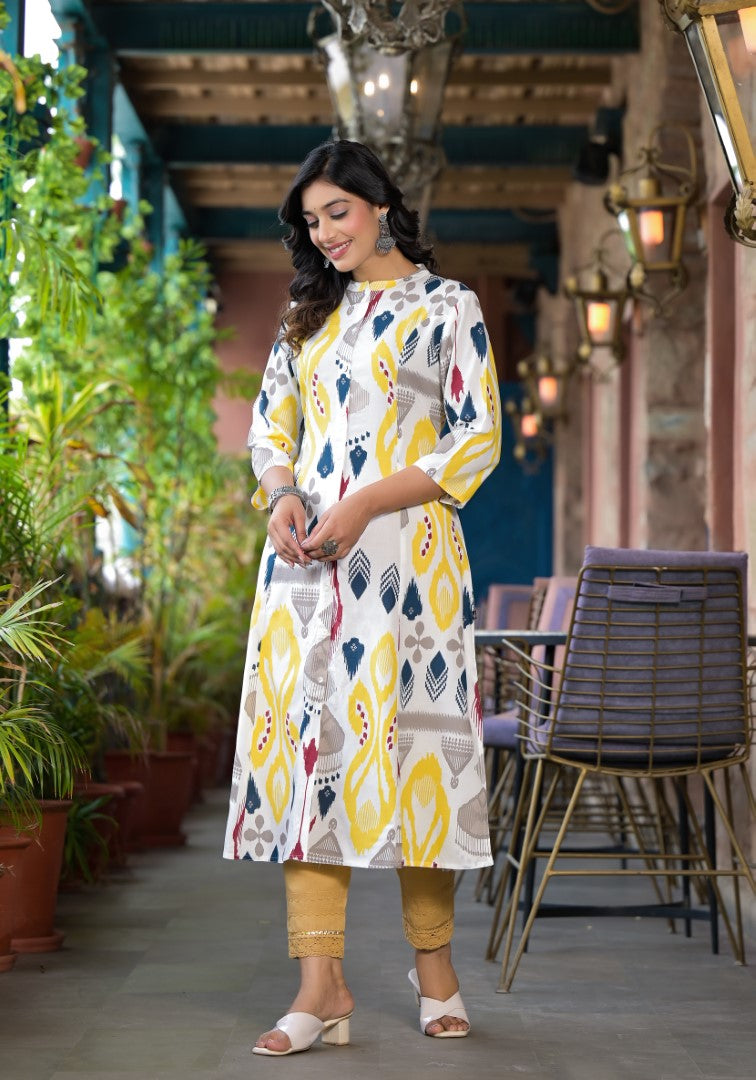 Juniper Women's Yellow Ikat Printed Liva Rayon Kurta With Button Closure - Distacart