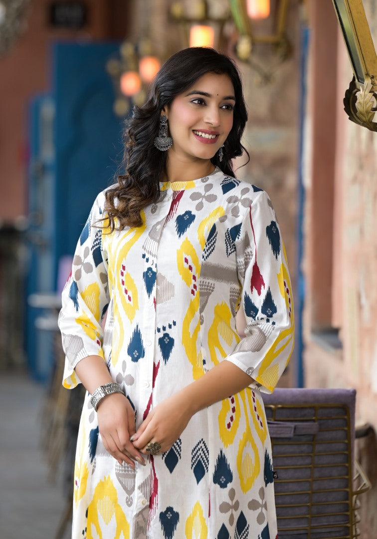 Juniper Women's Yellow Ikat Printed Liva Rayon Kurta With Button Closure - Distacart