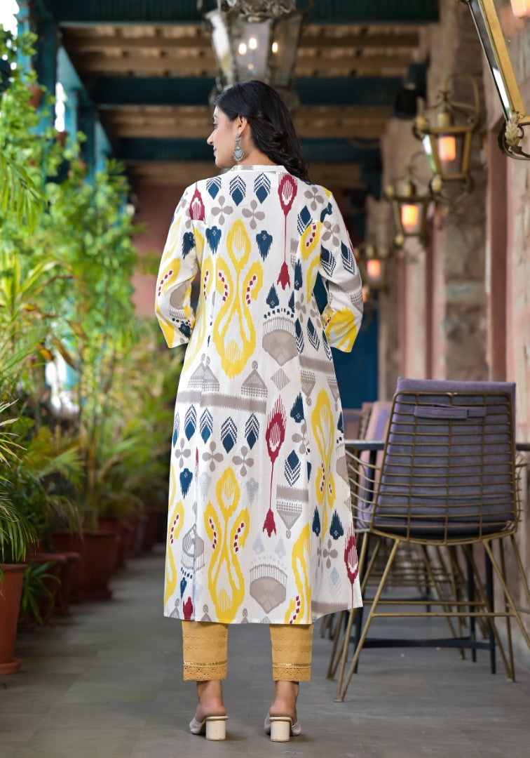 Juniper Women's Yellow Ikat Printed Liva Rayon Kurta With Button Closure - Distacart