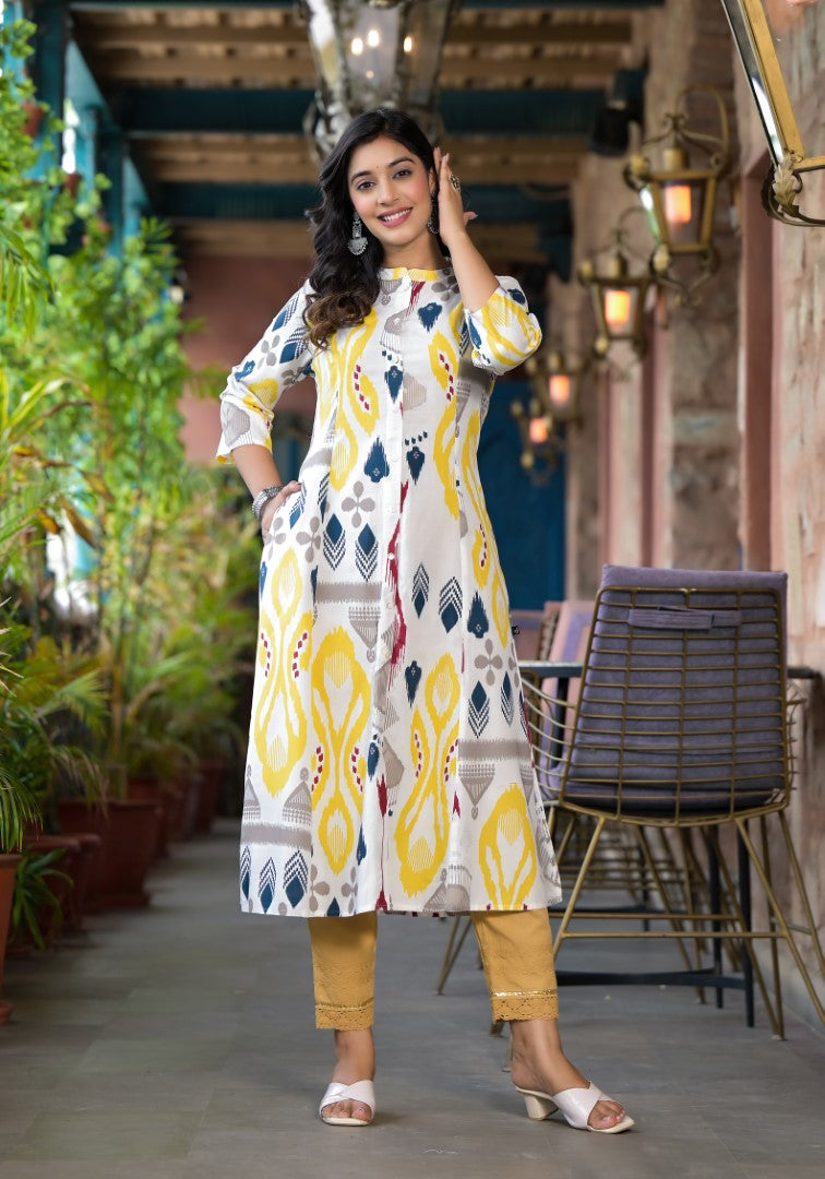 Juniper Women's Yellow Ikat Printed Liva Rayon Kurta With Button Closure - Distacart