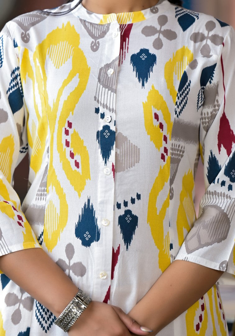 Juniper Women's Yellow Ikat Printed Liva Rayon Kurta With Button Closure - Distacart