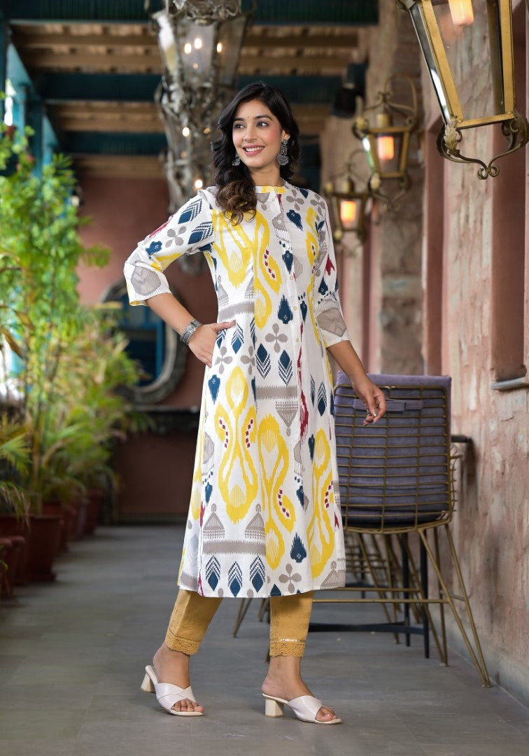Juniper Women's Yellow Ikat Printed Liva Rayon Kurta With Button Closure - Distacart