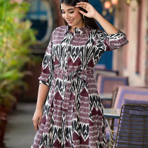Juniper Women's Muti Color Ikat Printed Liva Rayon Dress With Tie-Ups & Button Closure - Distacart