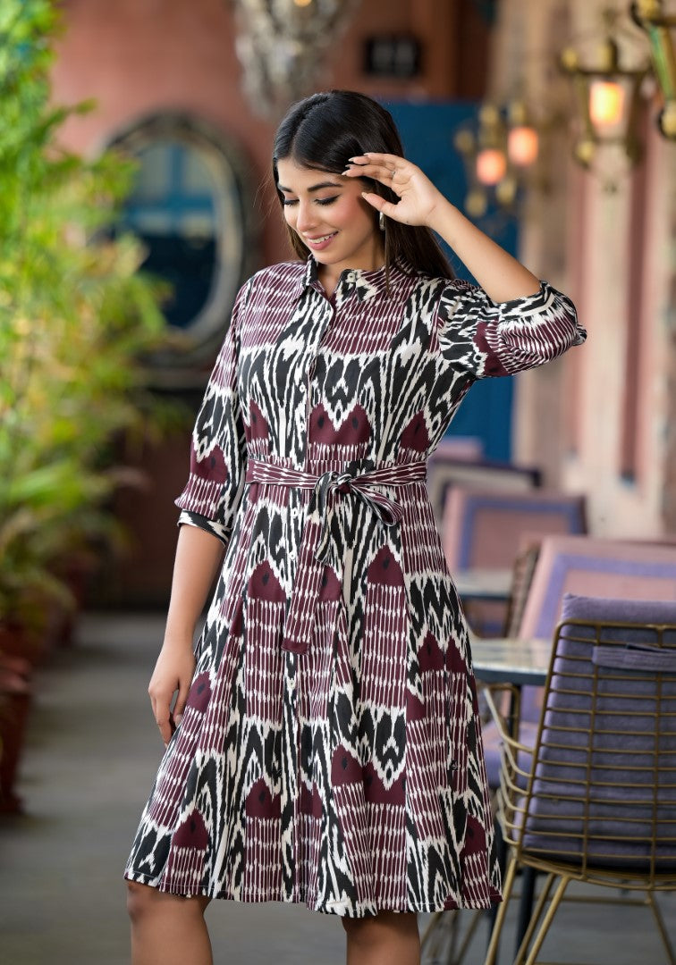Juniper Women's Muti Color Ikat Printed Liva Rayon Dress With Tie-Ups & Button Closure - Distacart