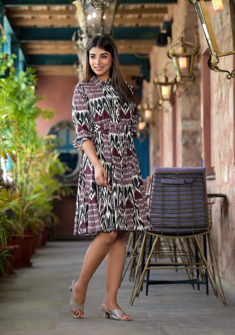 Juniper Women's Muti Color Ikat Printed Liva Rayon Dress With Tie-Ups & Button Closure - Distacart