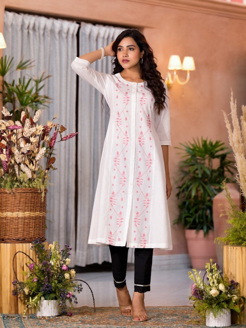 Juniper Women's White Thread Embroidered Cotton Kurta Set With Button Closure - Distacart