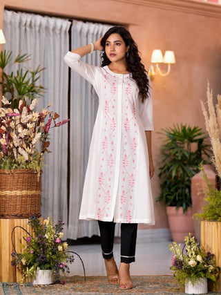 Juniper Women's White Thread Embroidered Cotton Kurta Set With Button Closure - Distacart