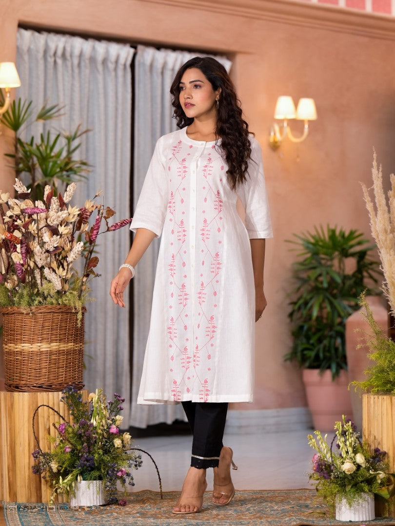 Juniper Women's White Thread Embroidered Cotton Kurta Set With Button Closure - Distacart