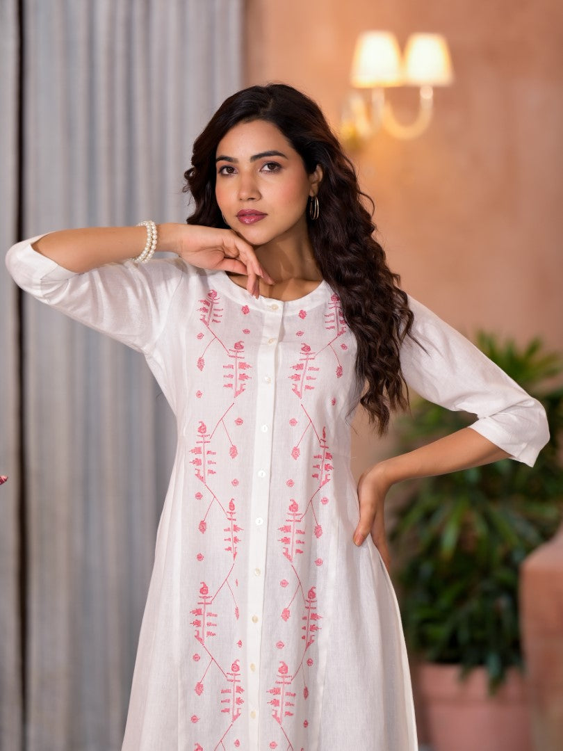 Juniper Women's White Thread Embroidered Cotton Kurta Set With Button Closure - Distacart