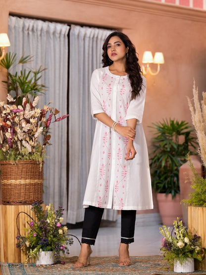 Juniper Women's White Thread Embroidered Cotton Kurta Set With Button Closure - Distacart