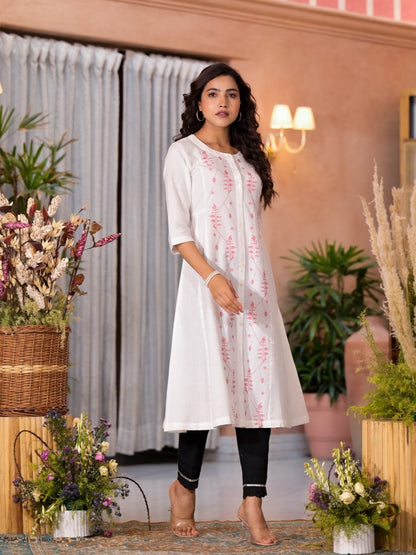 Juniper Women's White Thread Embroidered Cotton Kurta Set With Button Closure - Distacart