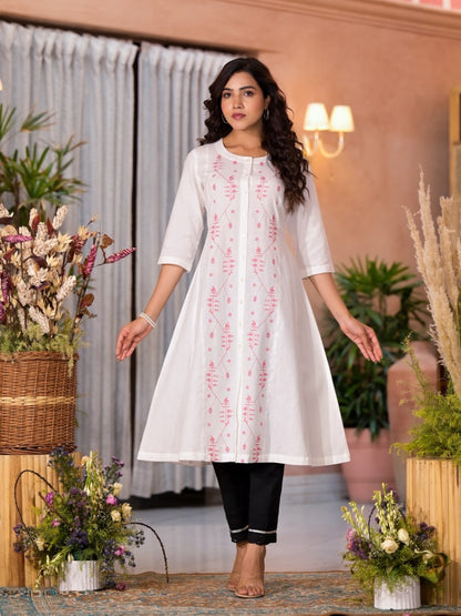 Juniper Women's White Thread Embroidered Cotton Kurta Set With Button Closure - Distacart