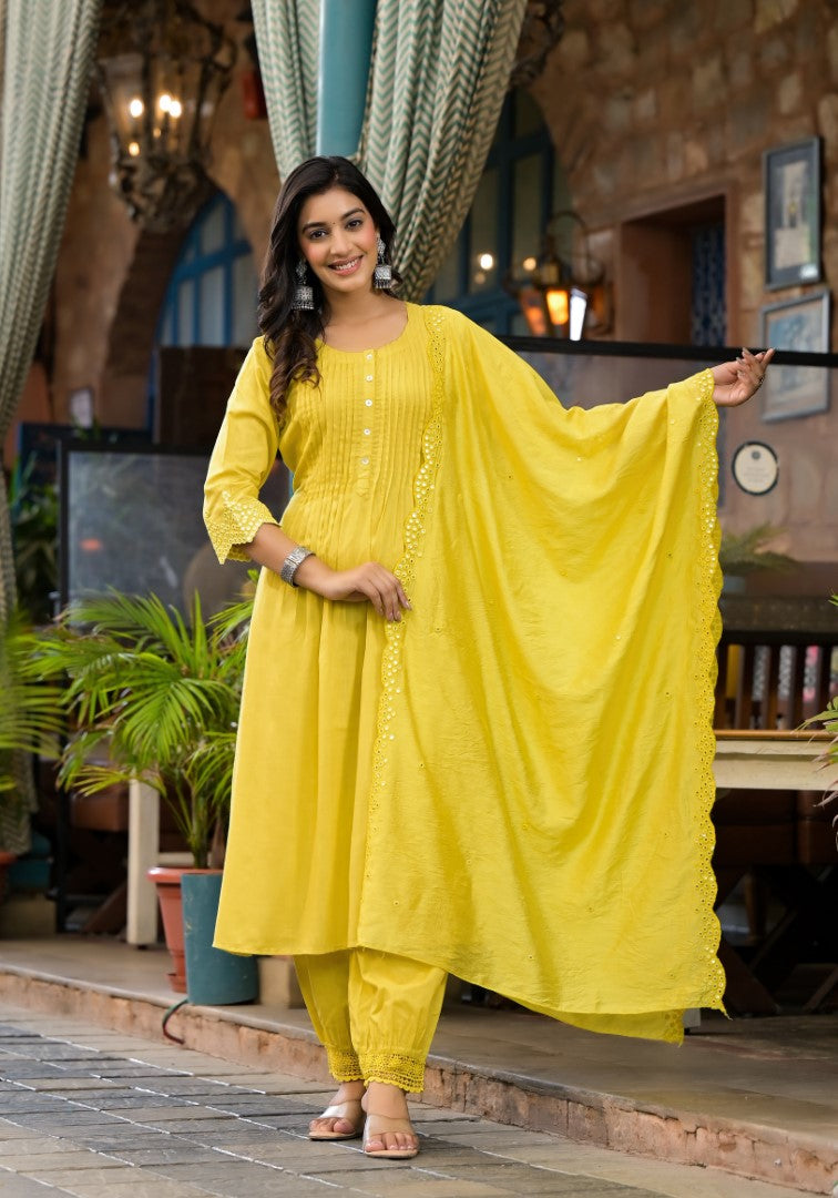 Juniper Women's Yellow Mirror Embroidered Liva Rayon Kurta Pant And Dupatta Set With Lace & Button Detail - Distacart