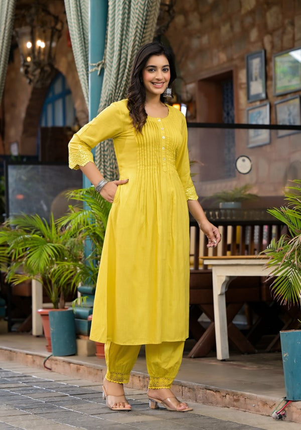 Juniper Women's Yellow Mirror Embroidered Liva Rayon Kurta Pant And Dupatta Set With Lace & Button Detail - Distacart