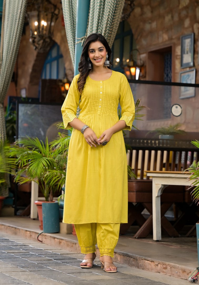 Juniper Women's Yellow Mirror Embroidered Liva Rayon Kurta Pant And Dupatta Set With Lace & Button Detail - Distacart