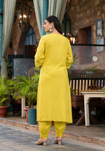 Thumbnail for Juniper Women's Yellow Mirror Embroidered Liva Rayon Kurta Pant And Dupatta Set With Lace & Button Detail - Distacart