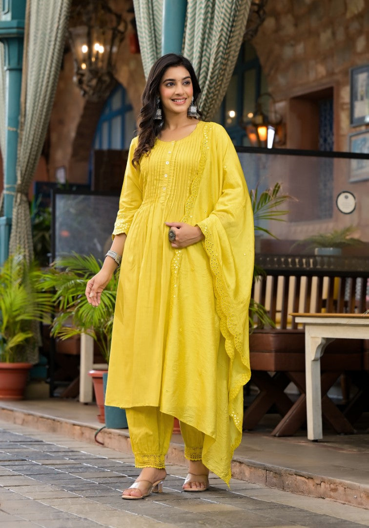 Juniper Women's Yellow Mirror Embroidered Liva Rayon Kurta Pant And Dupatta Set With Lace & Button Detail - Distacart
